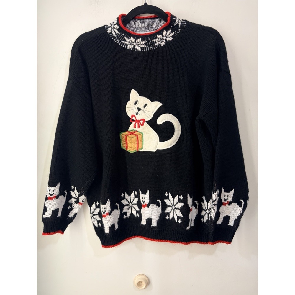 Vintage Sweater Exchange Cat Christmas Sweater Gift Applique USA Medium 90s